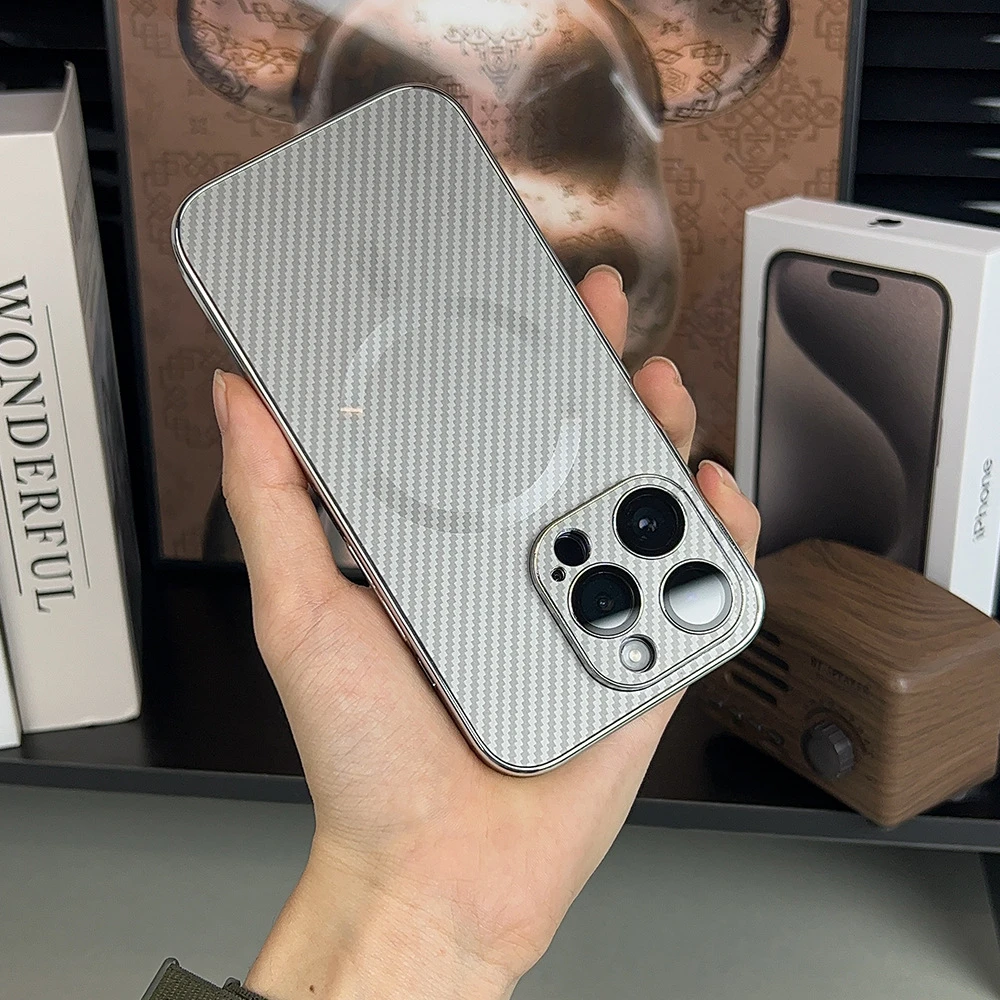 磁吸碳纤维纹适用15promax苹果15新款手机壳iphone14pro磨砂13pro