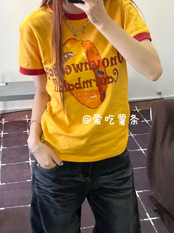 爱吃薯条【坚果】美式复古休闲正肩多巴胺撞色假两件夏季短袖T恤
