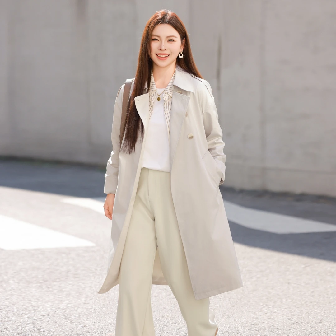 MsShe大码女装2025秋气质英伦风双排扣系带收腰风衣H2502001