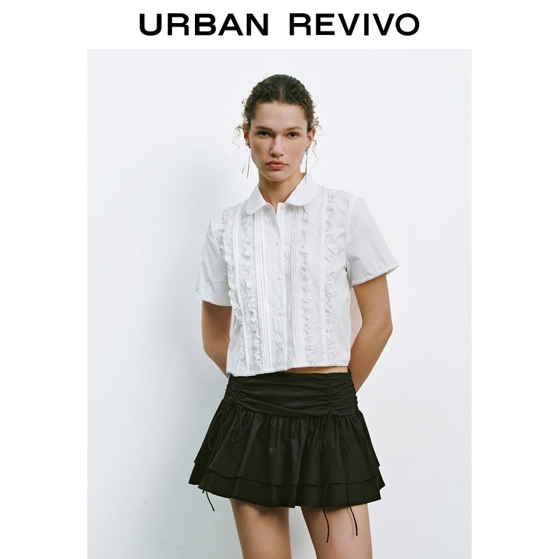 UR2025夏季新款女装欧若风气质花边饰短袖开襟衬衫UYU250064