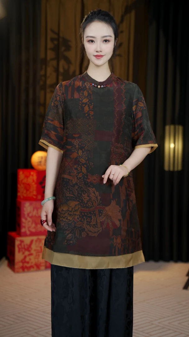 15157-启商外套立领大码中式香云纱宽松上衣提花重磅桑蚕丝斜襟