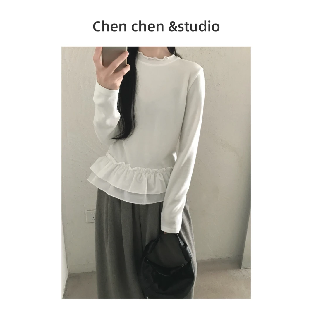 【花边拼接磨毛长袖T恤】韩系撞布假两件荷叶边设计感打底叠穿上衣