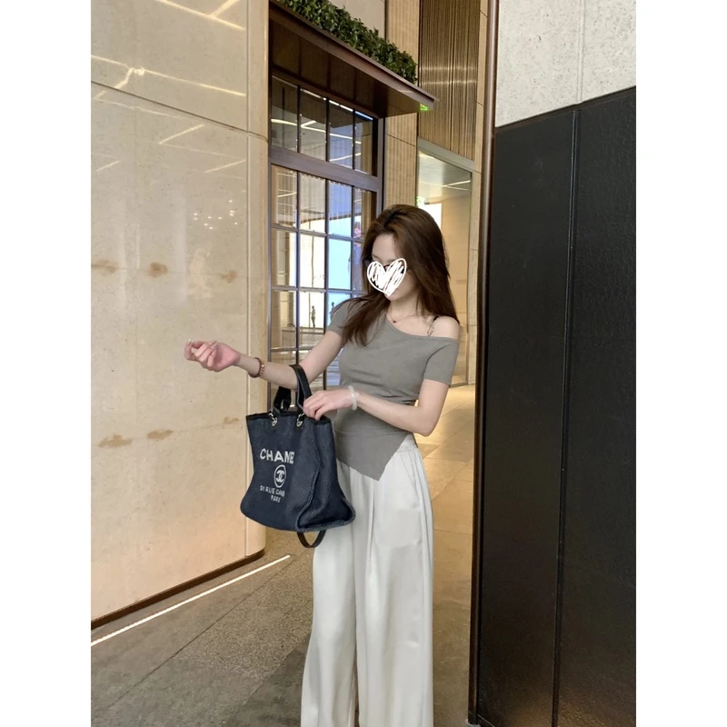 【夏日赴约】不规则斜肩设计T恤女夏气质感修身显瘦百搭上衣