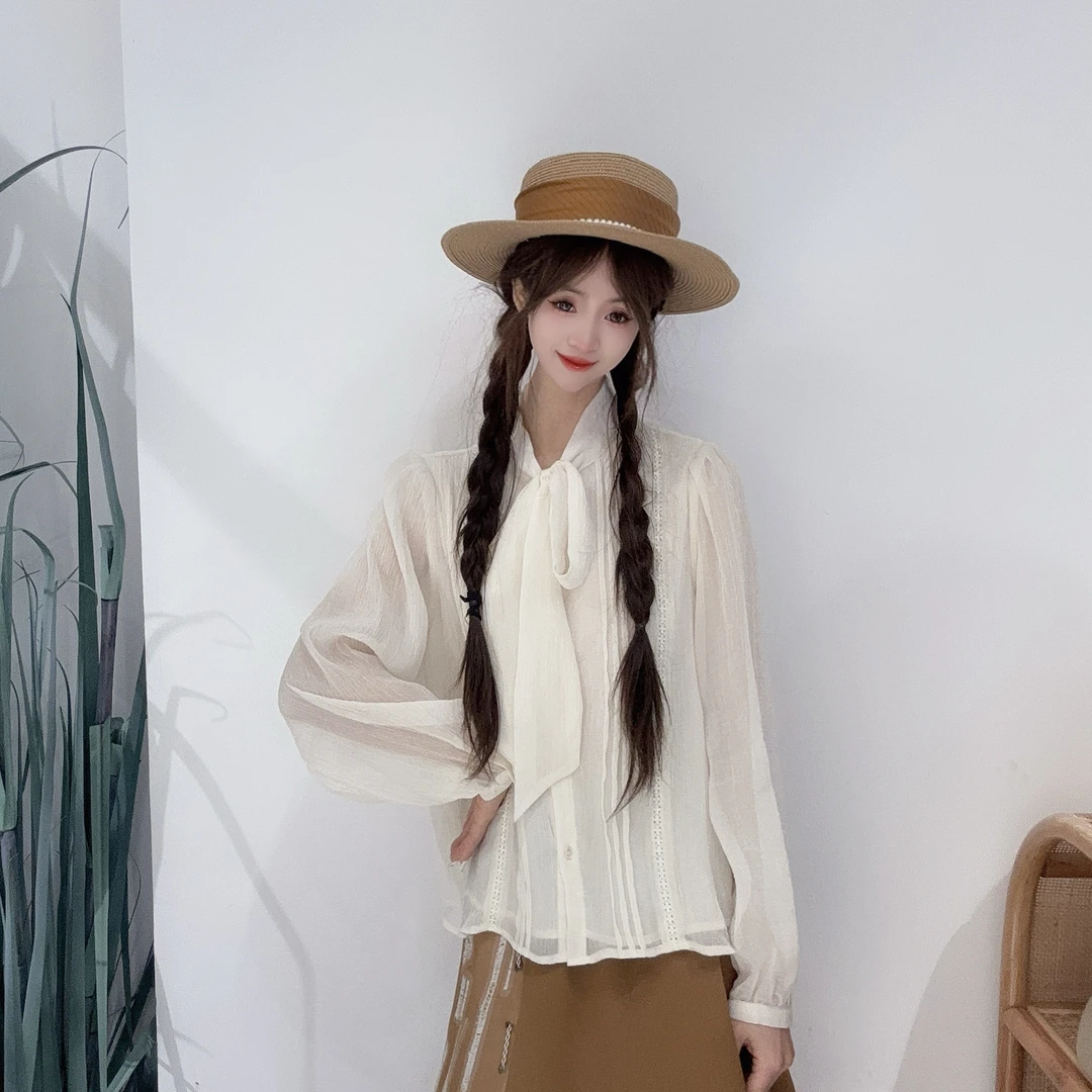 PC40102050Y小清新风系带蝴蝶结/单排扣两侧织带设计宽松温柔衬衫