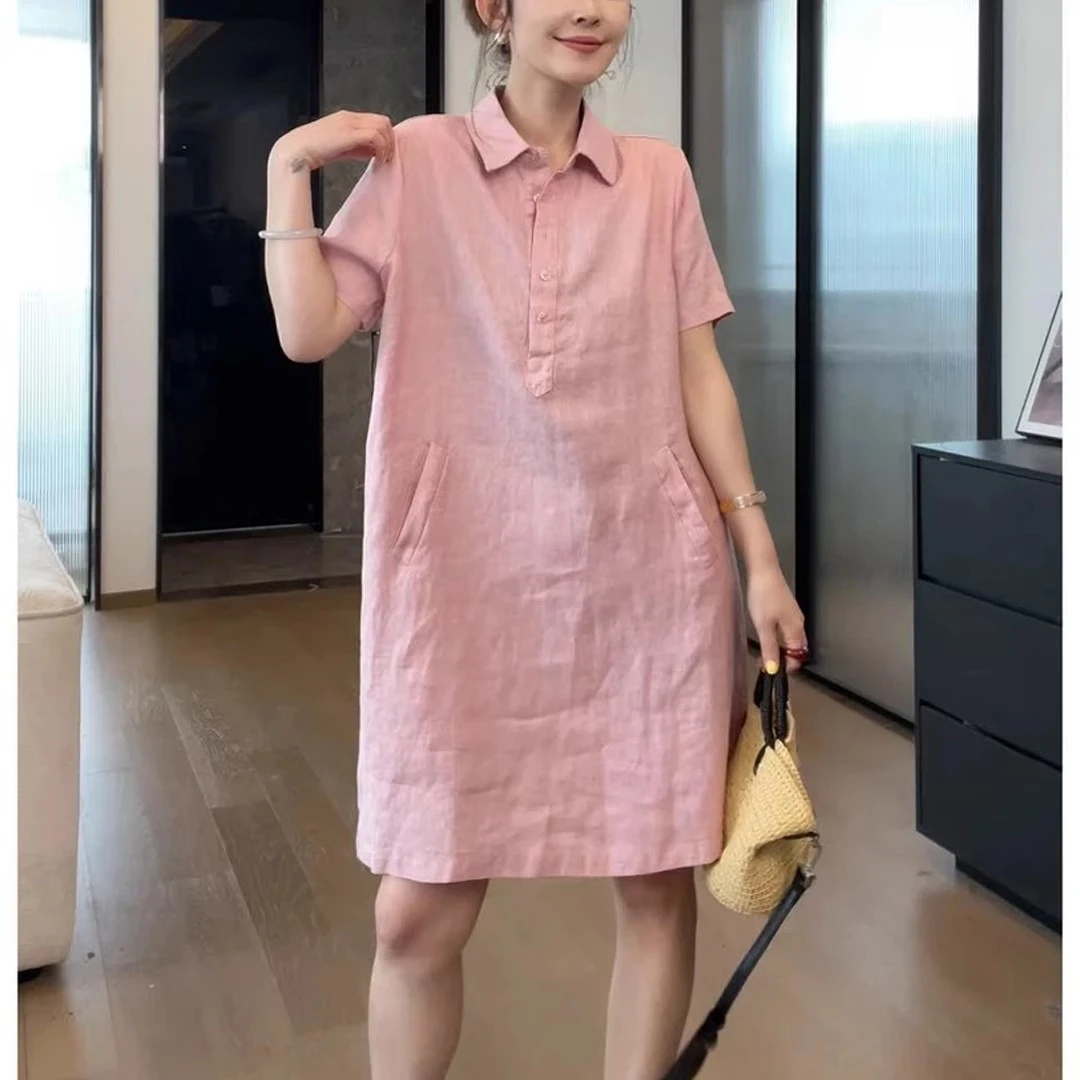 大码时尚简约百搭纯色裙子2025夏季新款极简风宽松遮肉连衣裙女款