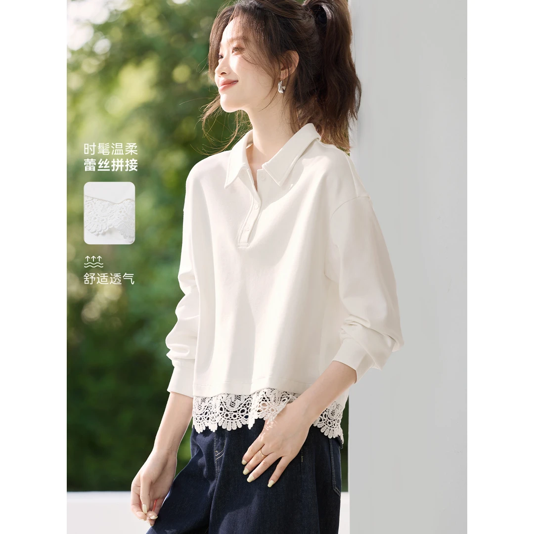 卫衣女秋季翻领小众设计感气质蕾丝拼接春秋宽松时尚白色长袖T恤