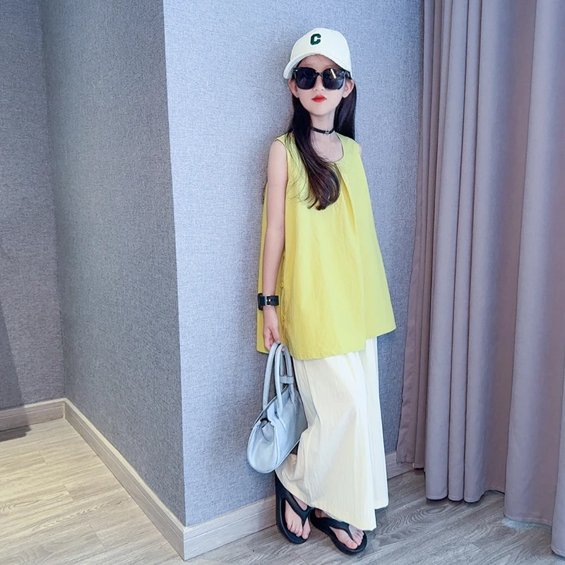 韩系黄色无袖背心衬衫薄款阔腿裤两件套女童2025夏季新款休闲套装