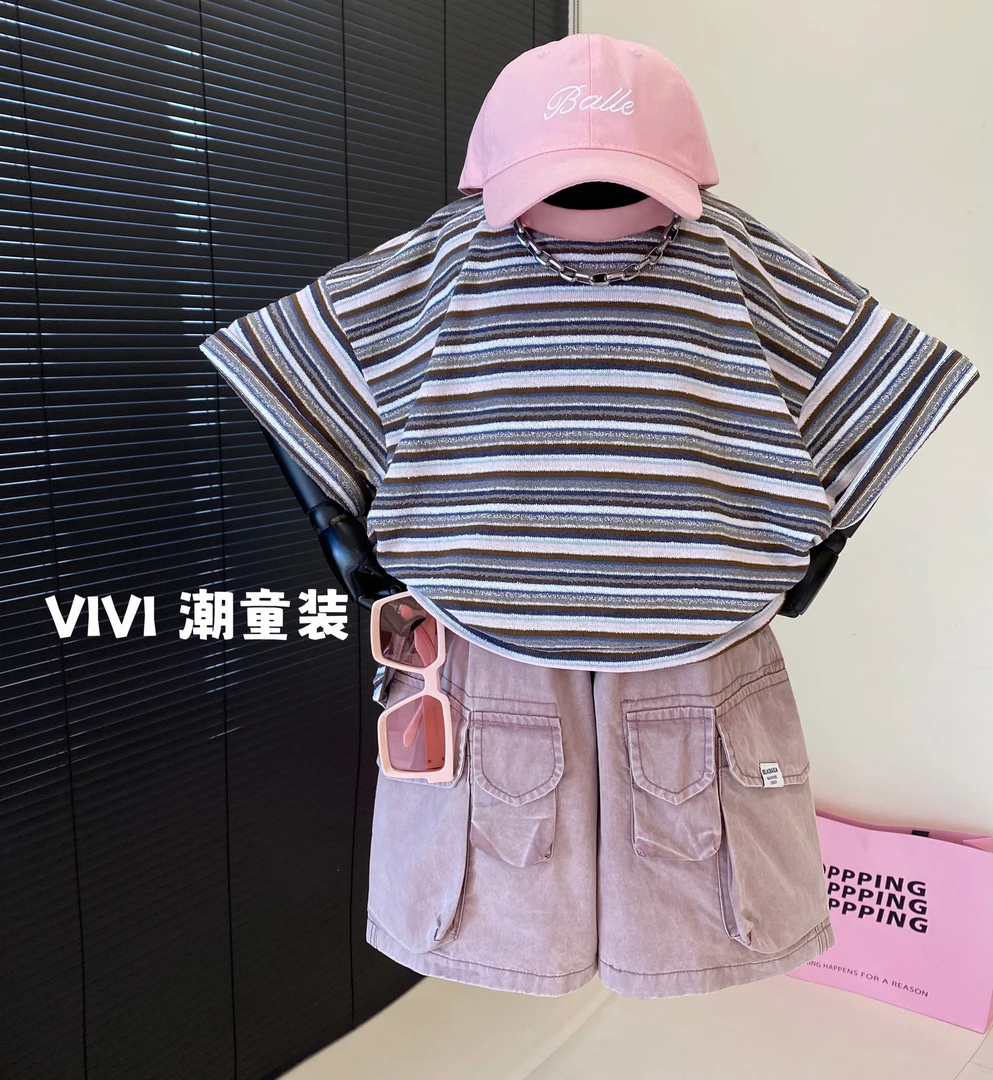 VIVI童装 2025夏季潮牌中大童粉色条纹拼色透气时尚短袖T恤