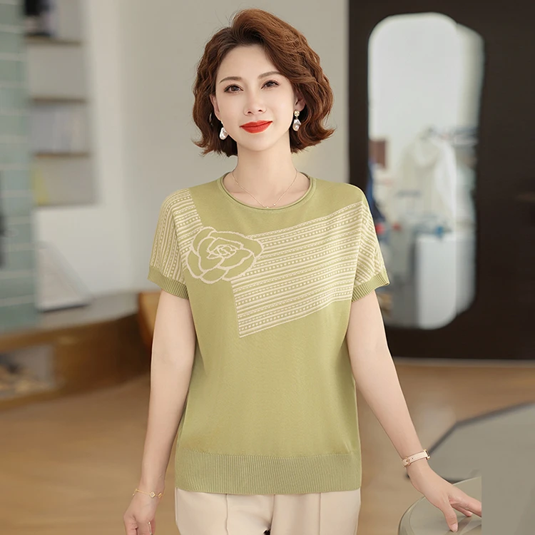 【山茶花】中老年女装妈妈装夏装圆领t恤中年时尚百搭9523