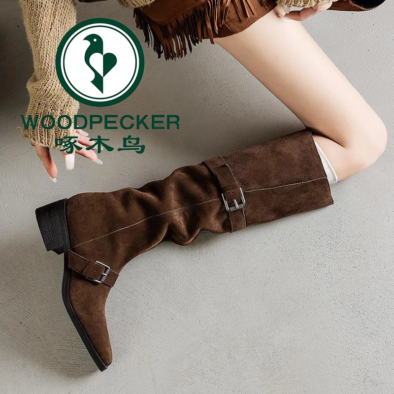啄木鸟长靴不过膝高筒靴子女2025秋冬新款堆堆靴中跟骑士靴西部靴