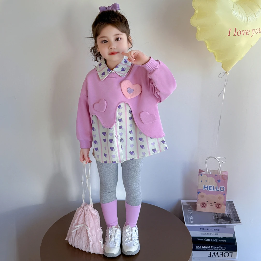 女童秋装2025新款洋气时髦春秋季假两件儿童打底裤套装女宝宝衣服