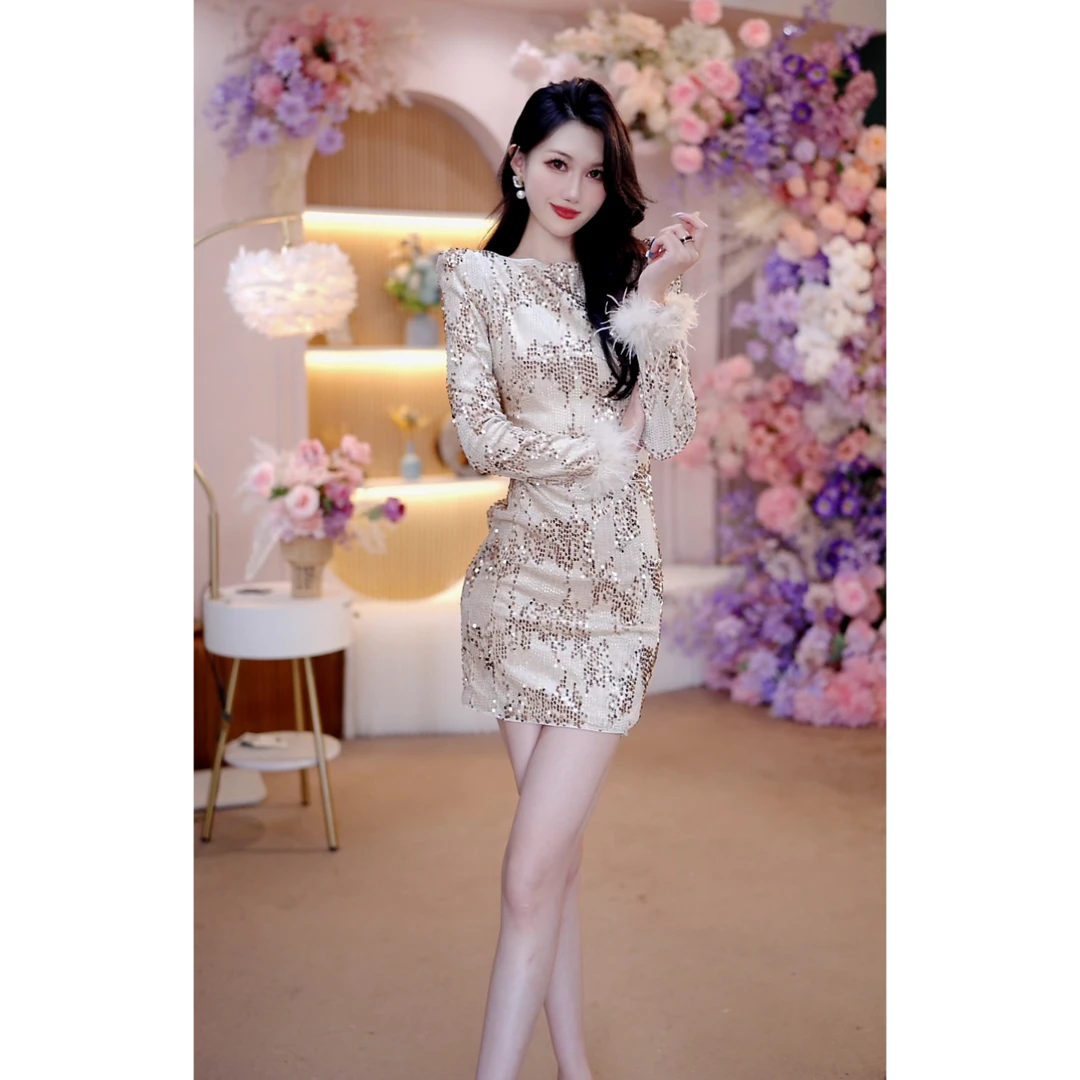 秋季新款气质高级感连衣裙轻奢名媛亮片长袖显瘦小个子包臀裙1828