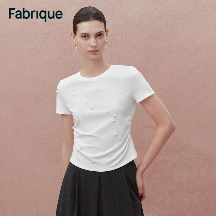 Fabrique Pearl 春夏新款珍珠手工钉珠简约通勤正肩短袖收腰T恤