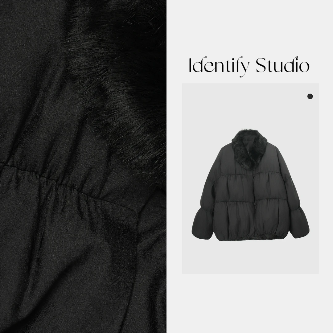 IDENTIFY冬季兔毛毛领拼接褶皱设计款羽绒外套25AWSS1206012