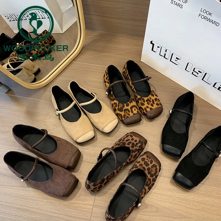 软底单鞋女2025春秋新款复古豹纹方头一字带玛丽珍鞋舒适平底瓢鞋