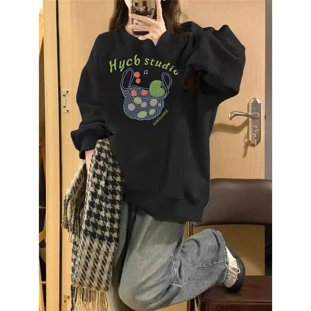 重磅美式复古黑色正肩圆领卫衣女2025新款慵懒小众设计感上衣