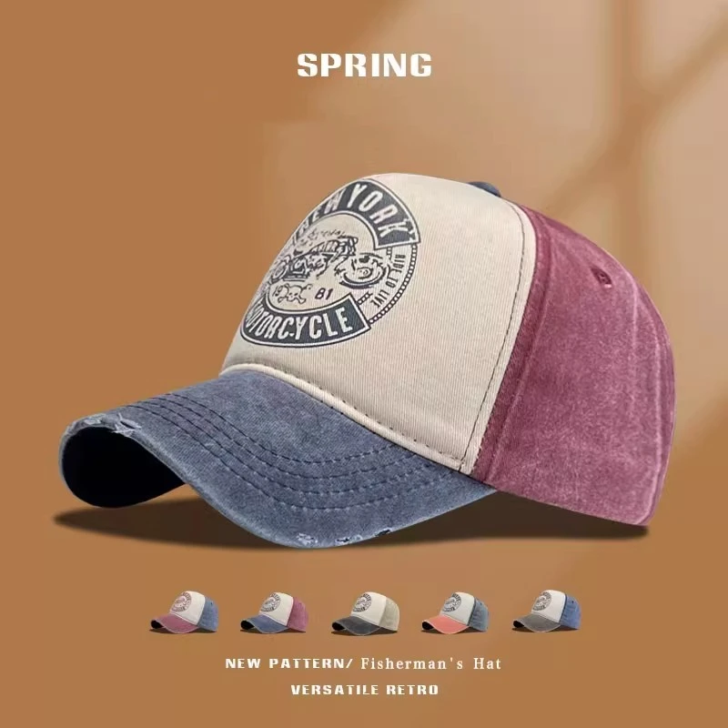 美式复古休闲潮流做旧棒球帽子女百搭磨破边撞色简约休闲鸭舌帽男