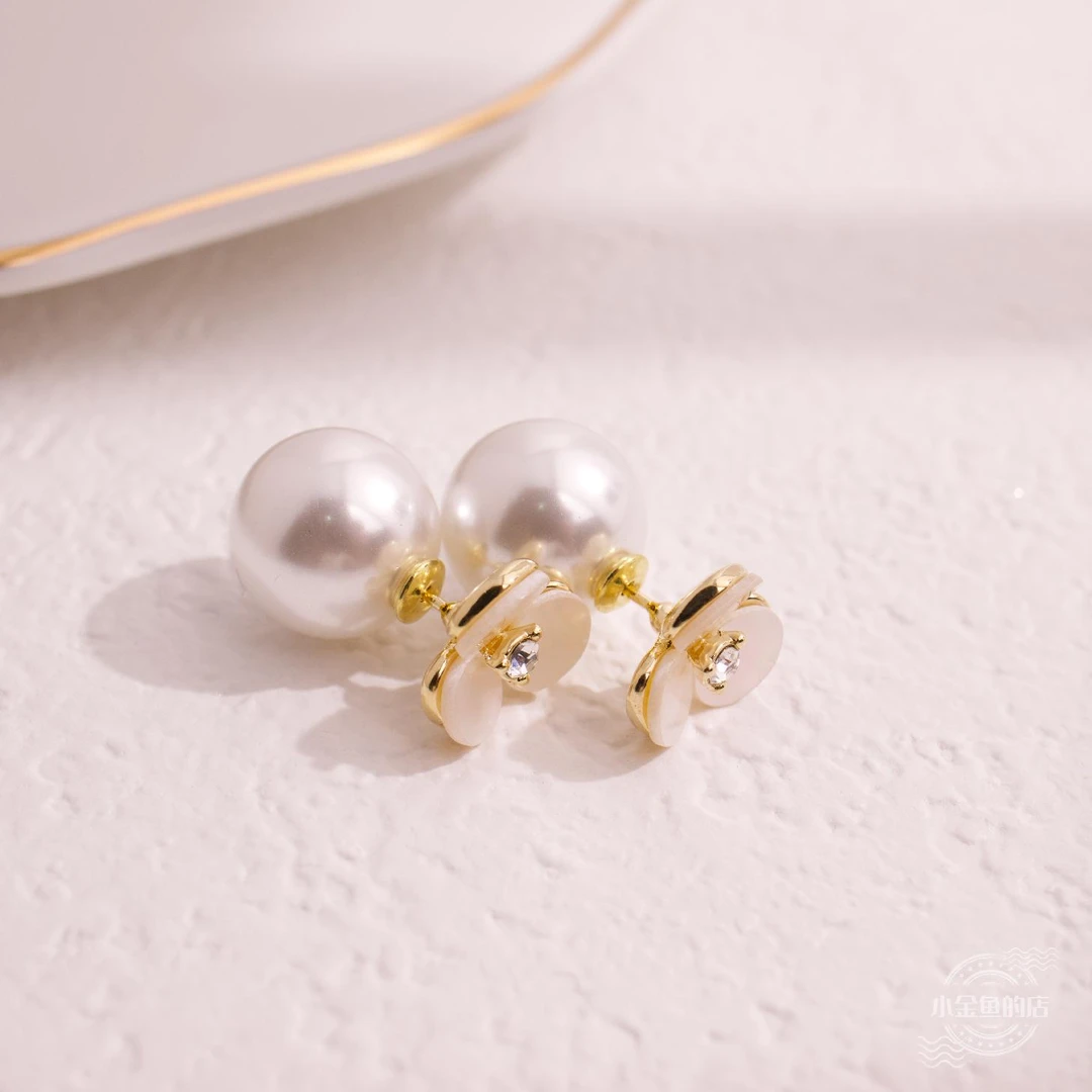 合金耳饰 【贝壳花朵】前后两戴天然贝壳花朵珍珠耳环耳钉耳饰
