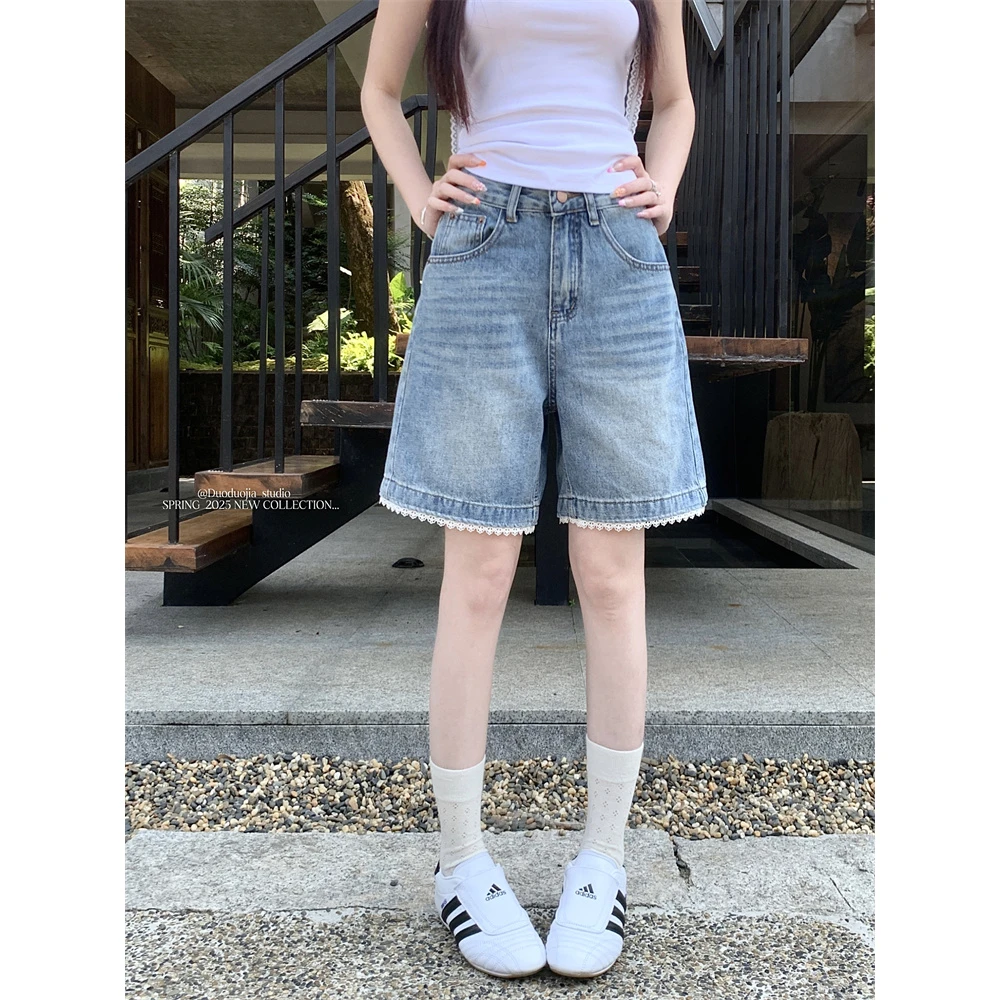 复古蕾丝拼接五分牛仔短裤女2025夏季新款高腰显瘦直筒阔腿中裤子