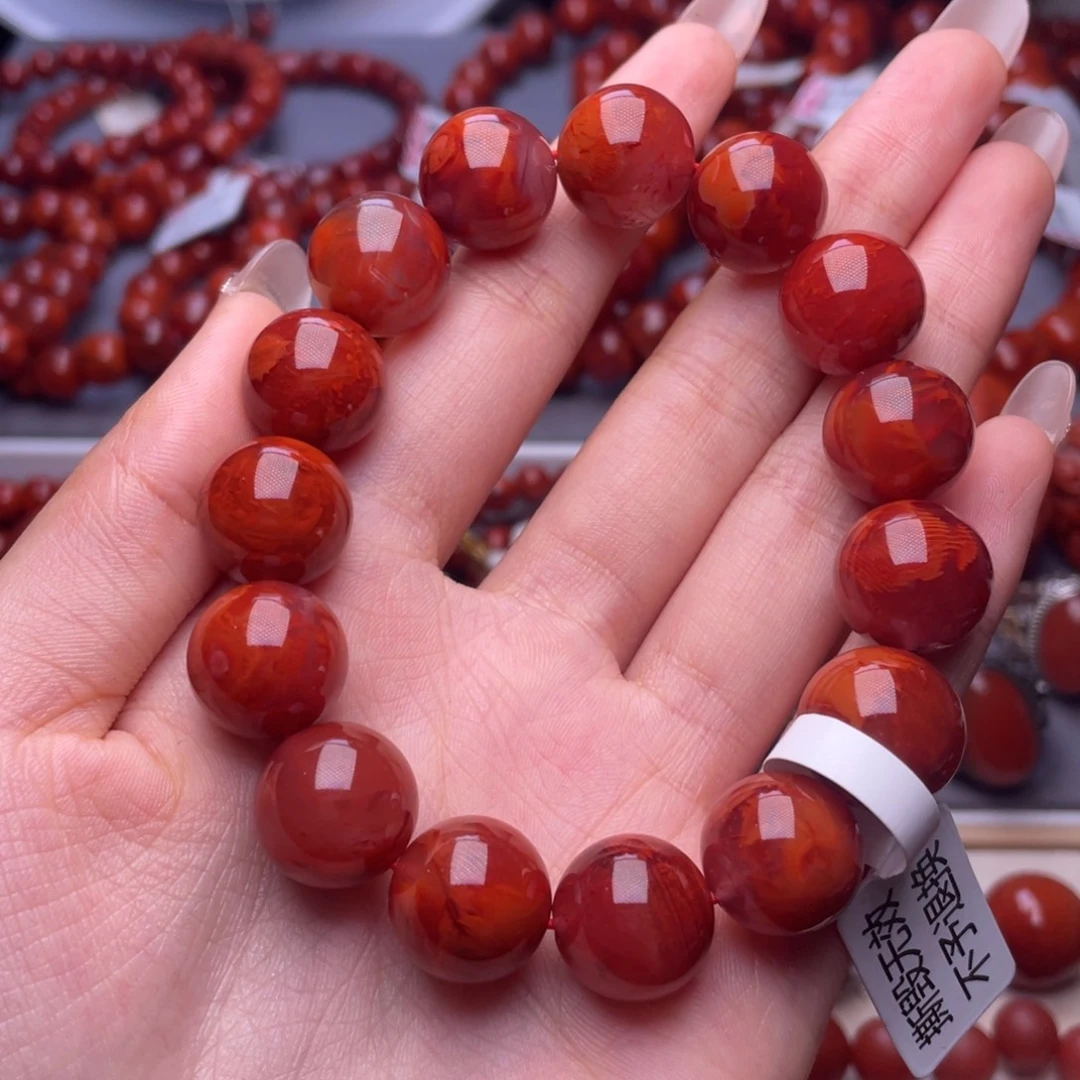 南红玛瑙未镶嵌其他14mm精品瓦西玫红火焰圆珠手串