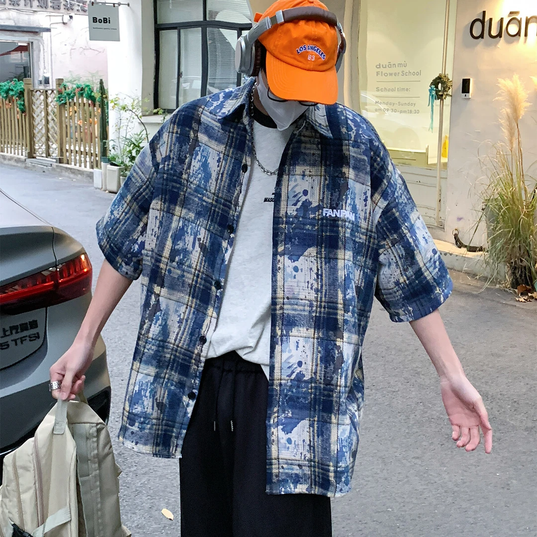 扎染格子衬衫男短袖美式复古cleanfit上衣夏季新款青少年休闲衬衣