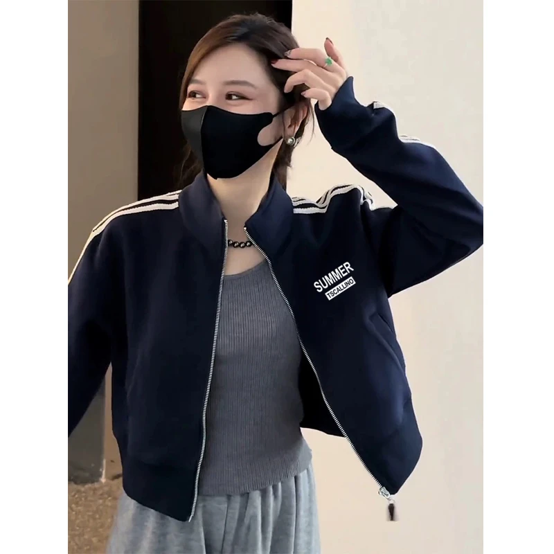 清仓捡漏~美式撞色三条杠立领藏青色卫衣女春秋宽松运动风棒球服