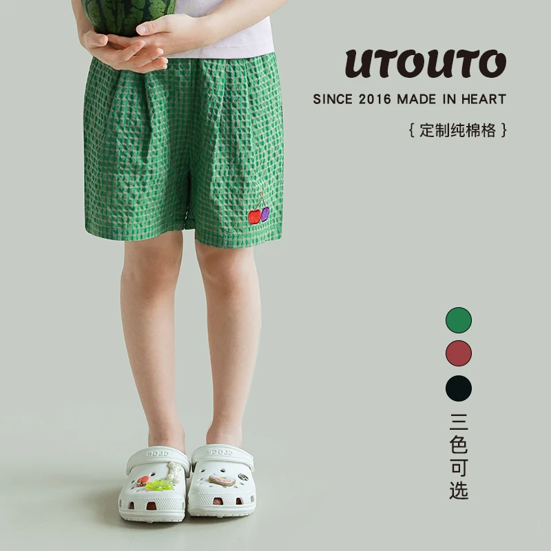 utouto大耳象女童小格子短裤2025夏季新款纯棉五分裤子2501356