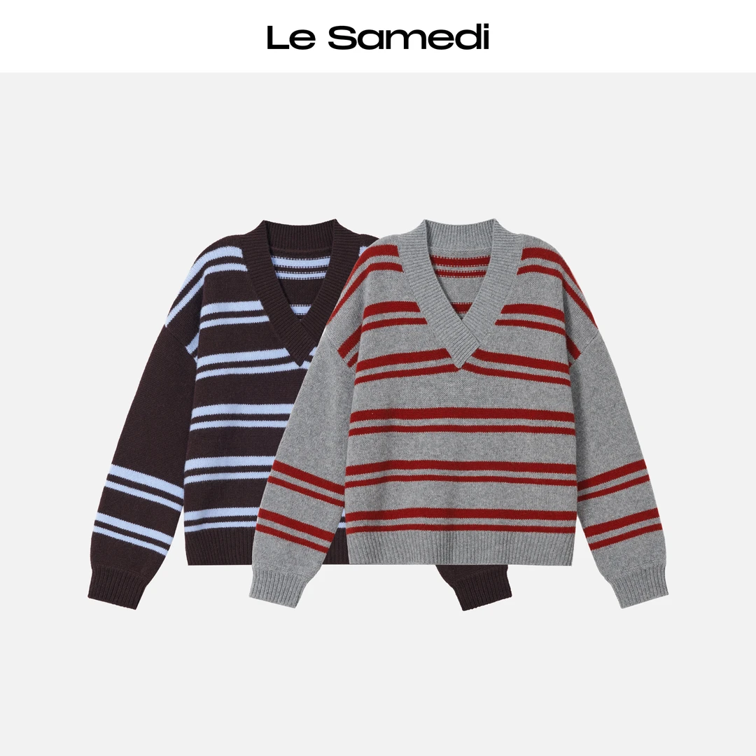 Le Samedi【霍格沃兹】细腻荃羊毛 复古撞色学院风V领条纹毛衣