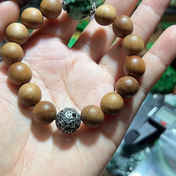 翡翠手串银S925镶嵌翡翠檀木手串不退换