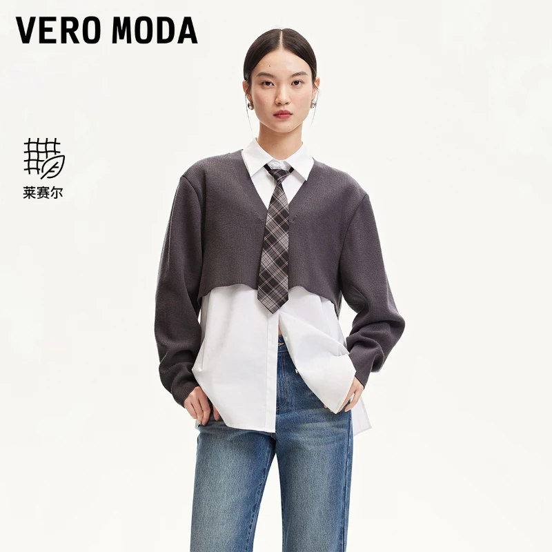 Vero Moda衬衫秋冬新款假两件针织拼接衬衫可拆卸领带324405016