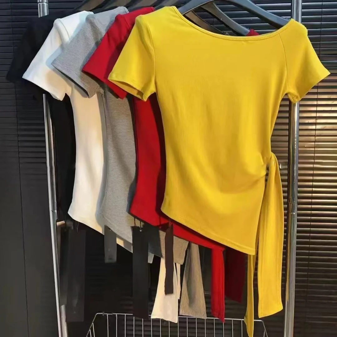 2025新款设计感心机一字肩绑带修身显瘦气质短袖t恤女上衣潮