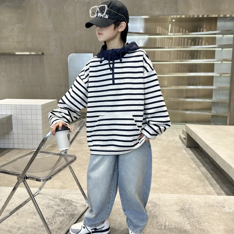 童装儿童春季条纹连帽卫衣中大童男童春秋款衣服洋气百搭帅气韩版