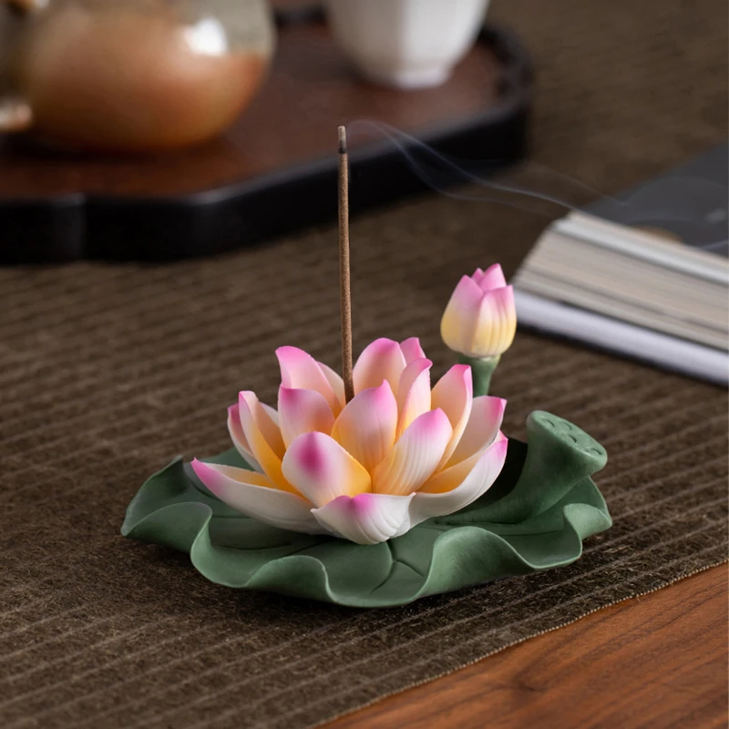 中式手工陶瓷莲花香插摆件家用室内线香香炉香座香托香器香道禅意