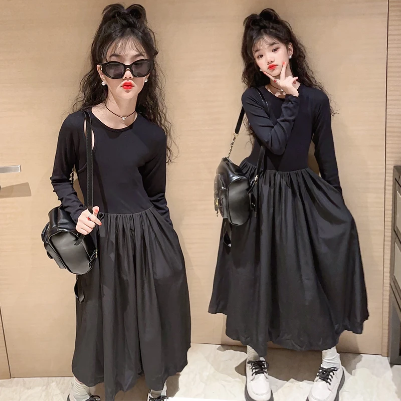 女童黑色连衣裙秋装女大童赫本风休闲长裙小女孩洋气百搭春秋裙子