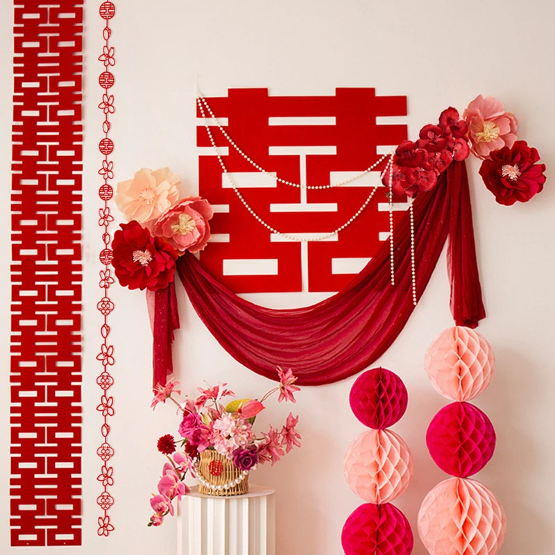 婚房喜庆布置套装小红书结婚灯笼喜字装饰网红款蜂窝球立柱套餐