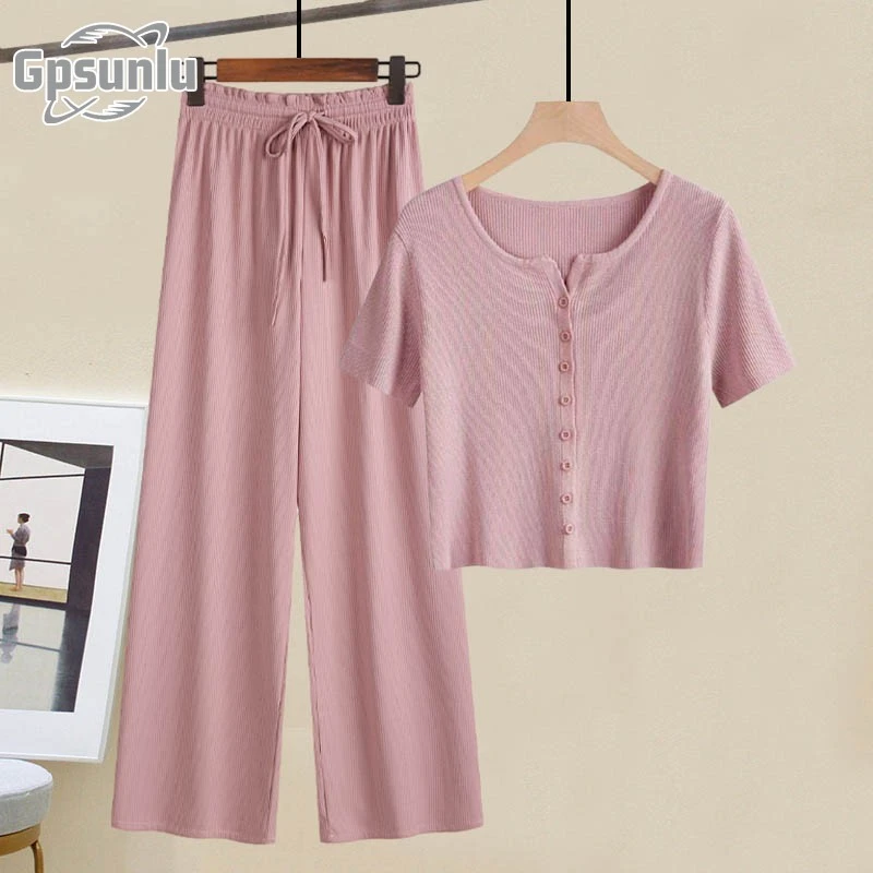 gpsunlu小个子女装新款夏季薄款短袖针女士夏季垂感阔腿两件套