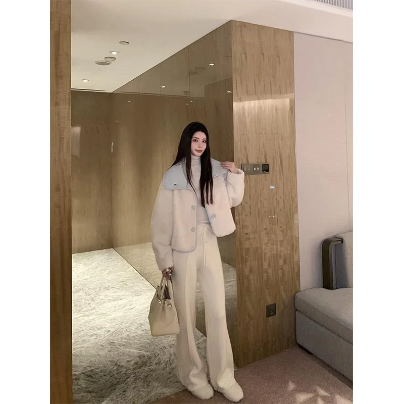 白色羊毛针织休闲 裤女设计感毛线 线裤直筒长