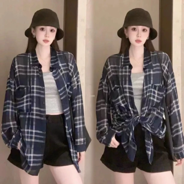 【抗皱】 上身轻松get~宽松格子防晒薄衬衫外套女慵懒休闲上衣