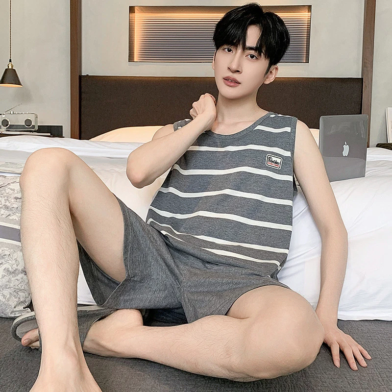 睡衣男士夏季棉质背心短裤薄款无袖简约休闲码青少年家居服