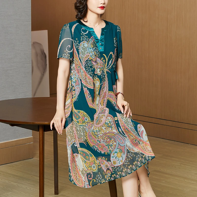 欧若风大码雪纺连衣裙2025夏季新款印花系带显瘦洋气妈妈中长裙子