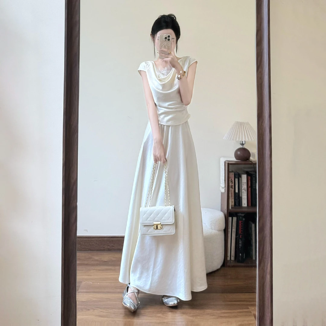 夏日穿搭爆款荡领连衣裙子女夏季2025新款高级感法式气质套装长裙