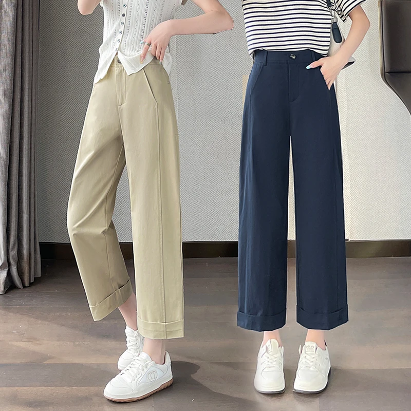 小个子西装裤春夏季薄款高腰宽松直筒裤窄版阔腿纯棉休闲九分裤