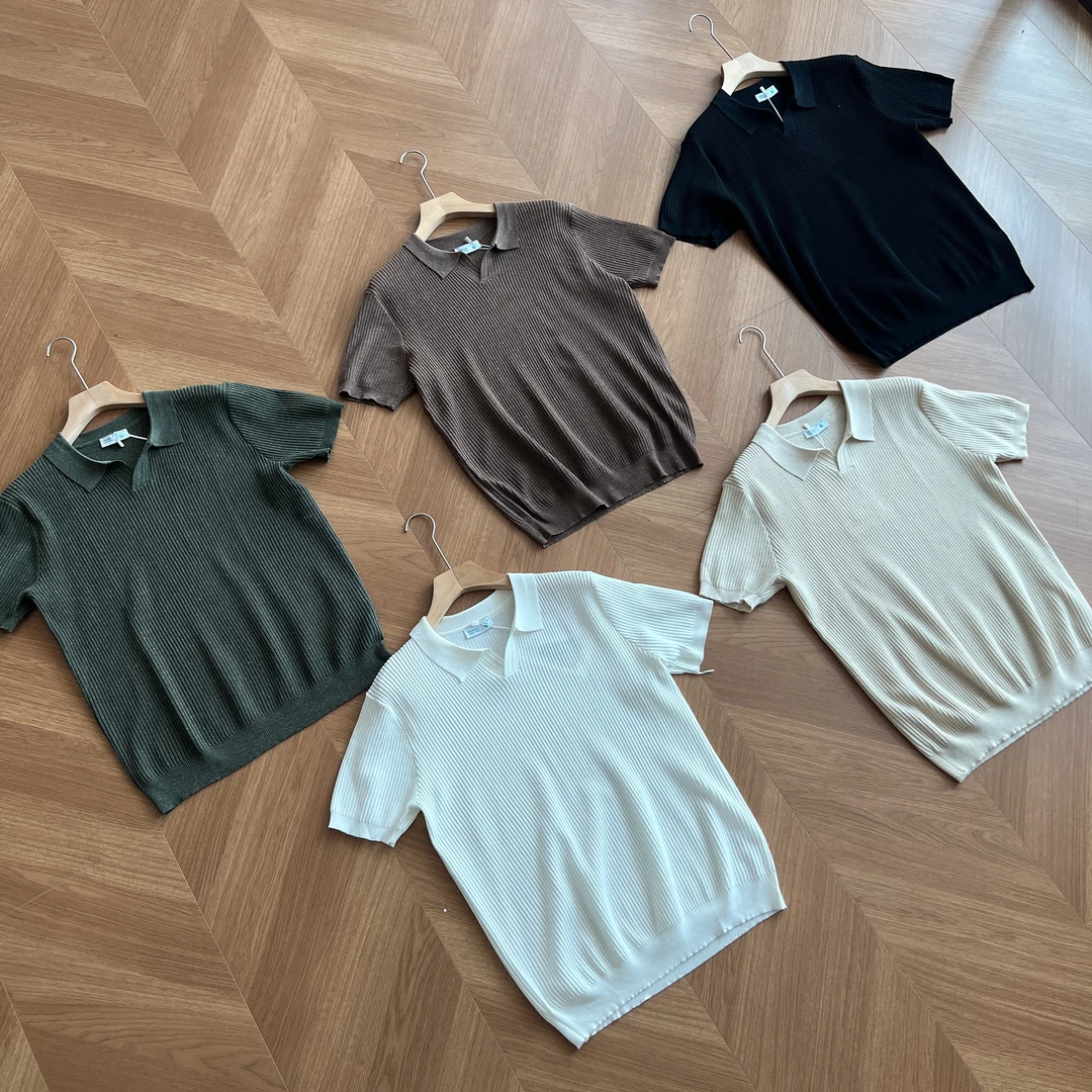 【英伦日常】夏日冰爽亚麻短袖V领POLO衫纯色针织坑条简约POLO衫潮