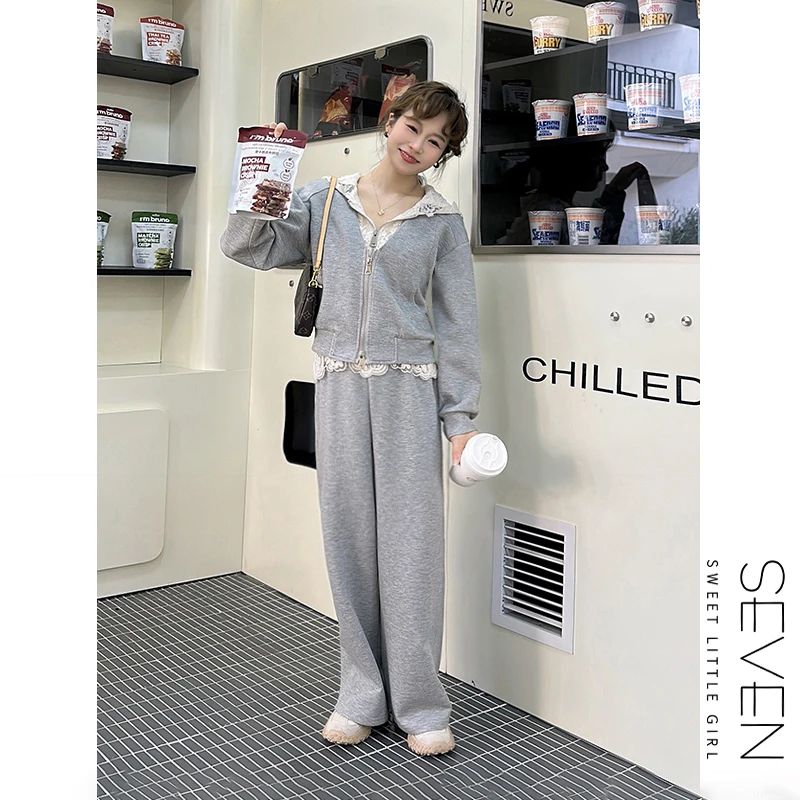 2/24③七七146小个子洋气蕾丝拼接卫衣套装女新款两件套小美说