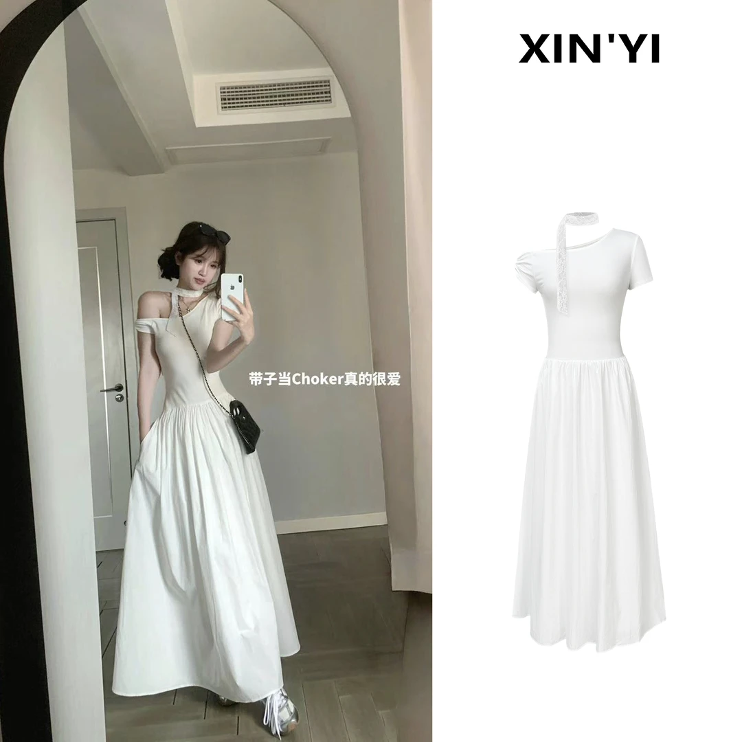 蕾丝拼接斜肩领连衣裙简约日常收腰长裙~送丝带H 8777#