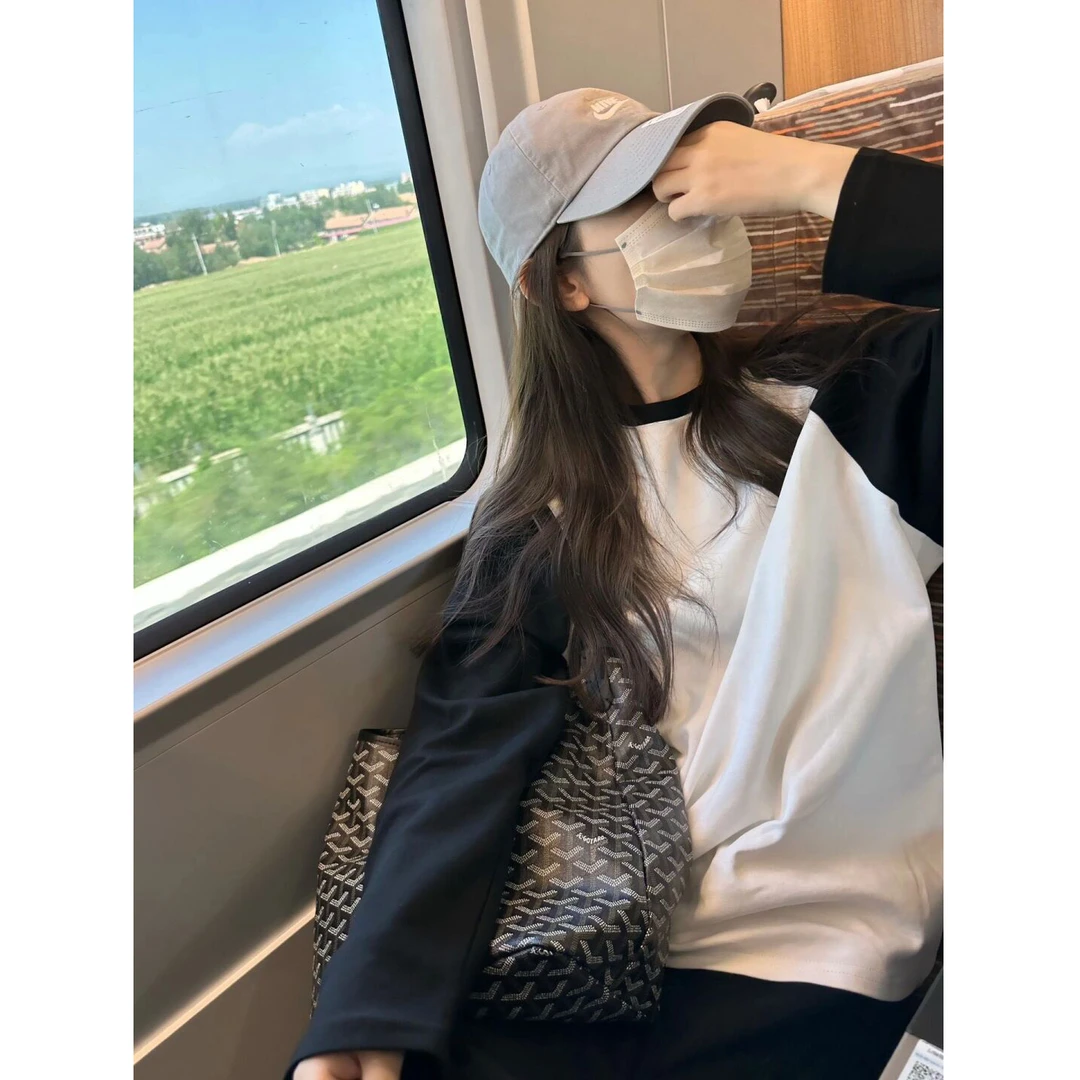 韩版黑白简约撞色拼接插肩长袖纯棉t恤宽松慵懒风上衣女2025春秋