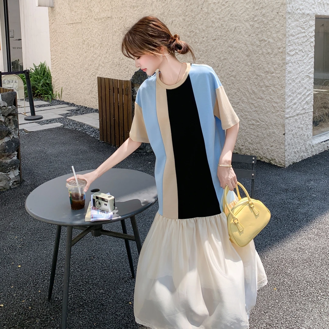 慵懒休闲度假风甜美连衣裙女2025夏季新款气质通勤撞色拼接A字裙