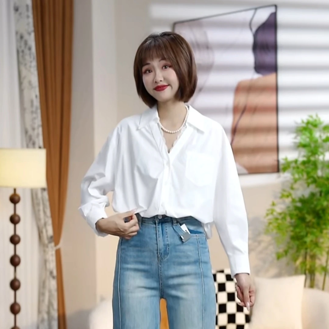 S912春秋时尚翻领单排扣洋气蕾丝边边白色衬衫AT