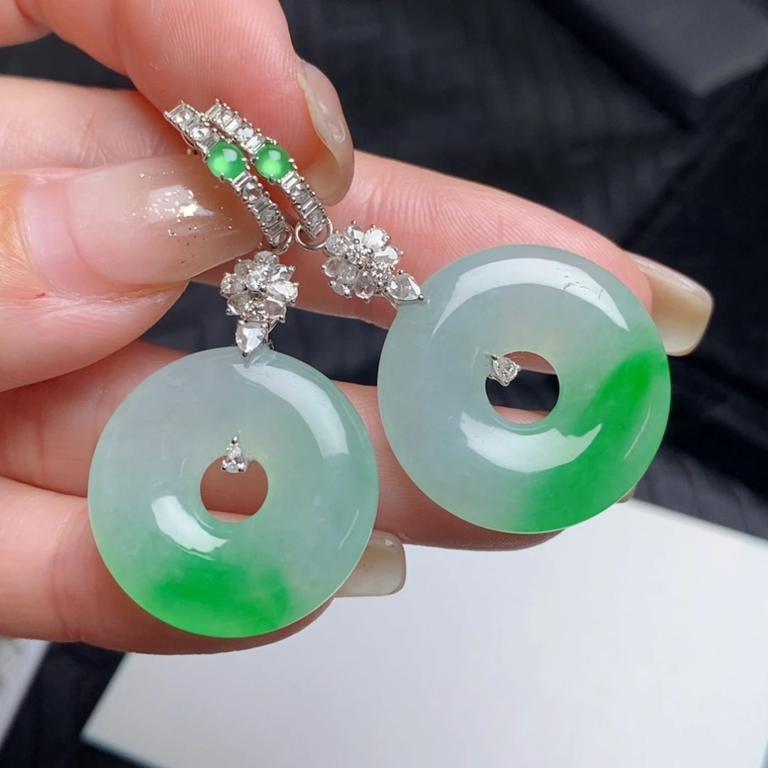 翡翠18K金镶嵌耳饰半山水飘阳绿甜甜圈耳环吊坠多用款