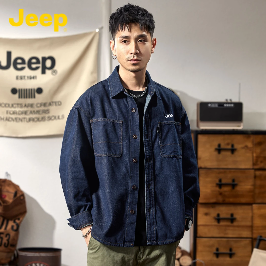 jeep吉普工装牛仔外套男士春夏新款衬衫男装翻领休闲痞帅上衣夹克